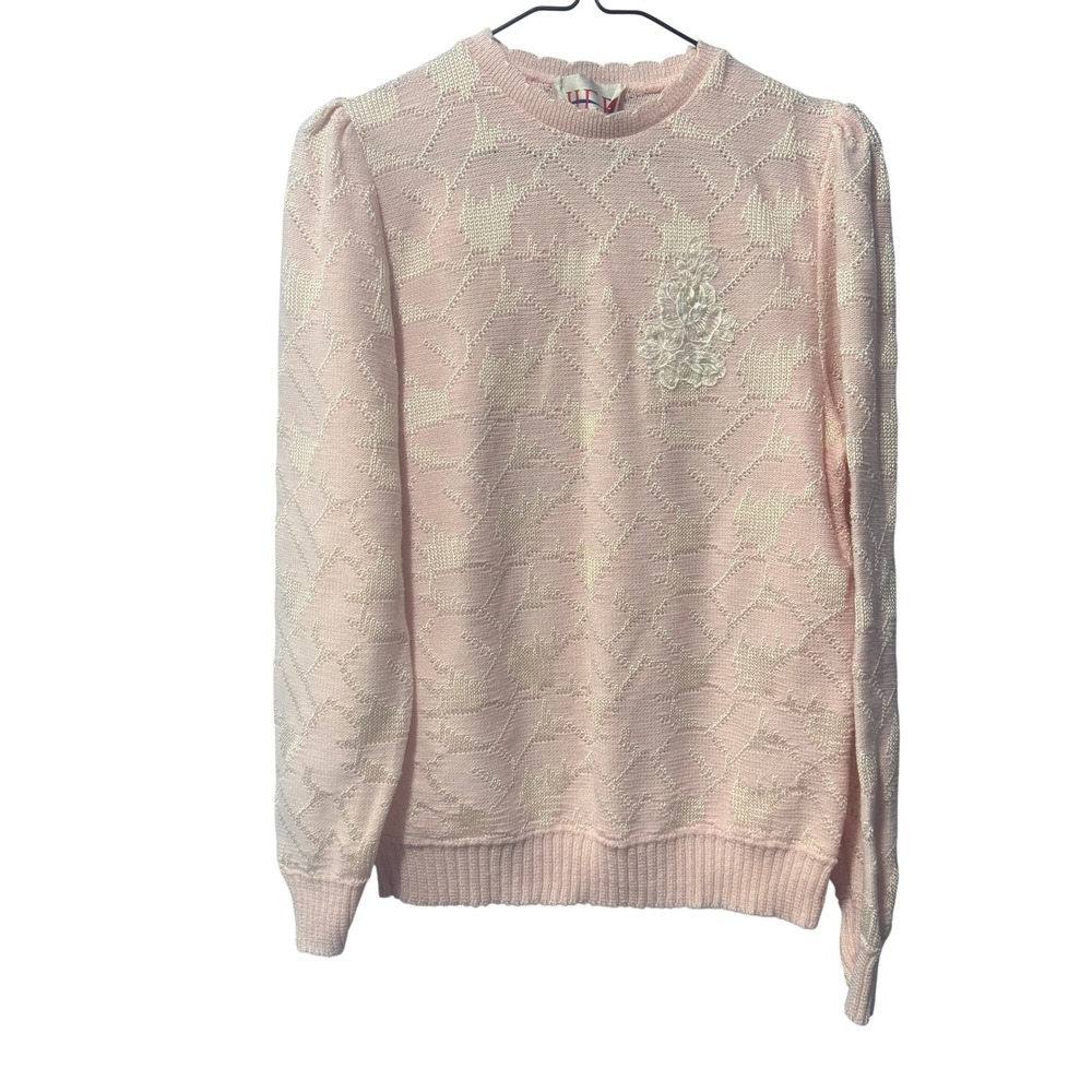 Vintage HER Soft Pink‎ Knit Sweater Floral Lace Pearl Applique Puff Sleeve